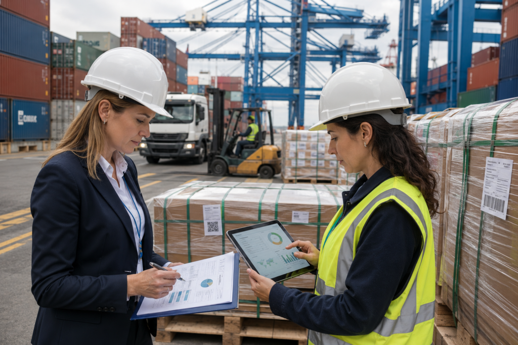 Profesionales revisando documentacion de importacion en una terminal portuaria