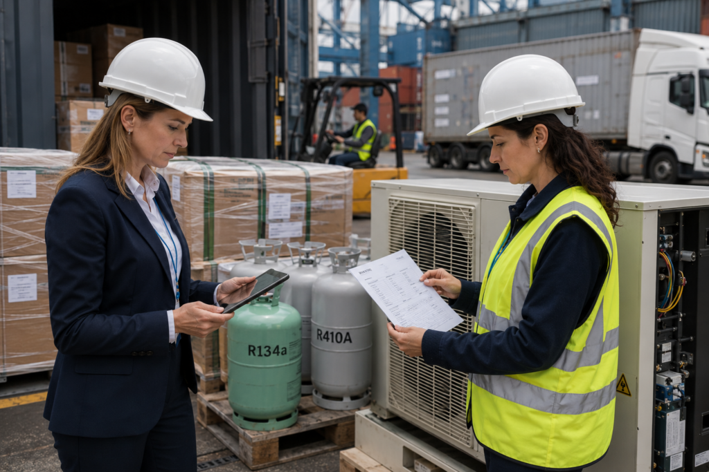 Tecnicas revisando bombonas de gases refrigerantes R134a y R410A