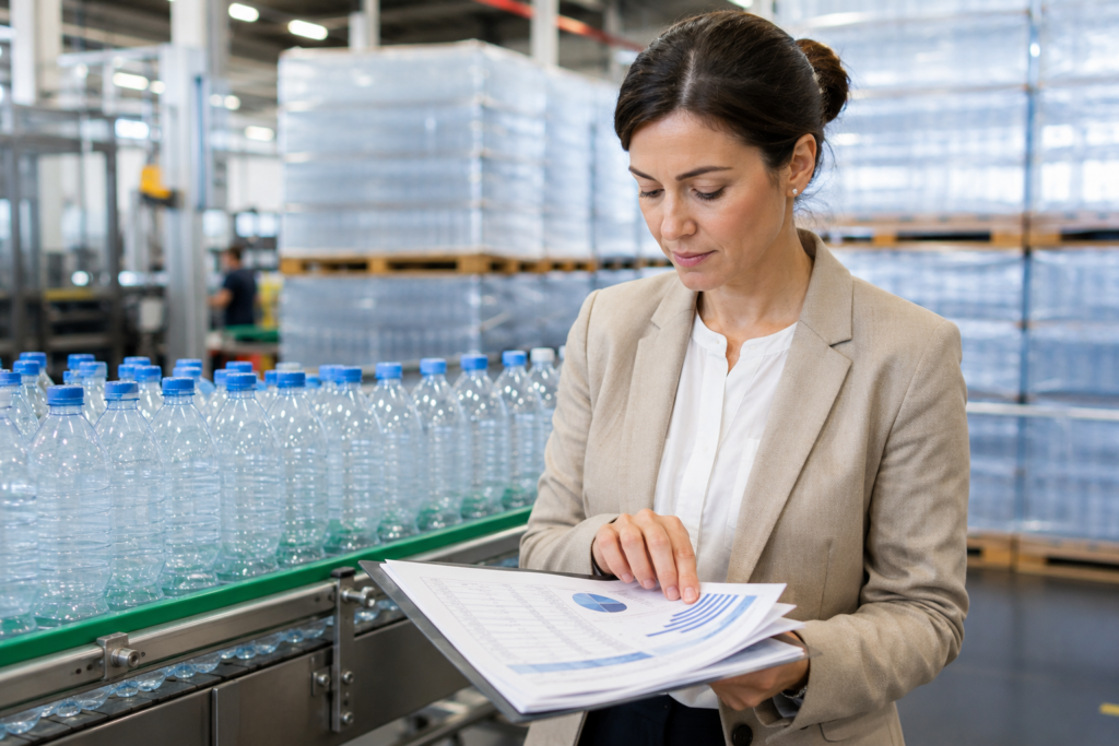 Responsable revisando datos junto a una linea de envasado de botellas de plastico
